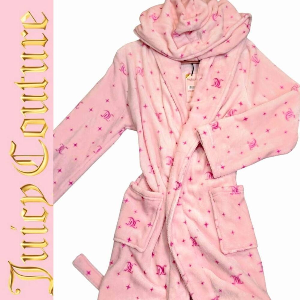 Juicy Couture‎ Pink Stars JC Logo Collared Hooded Robe